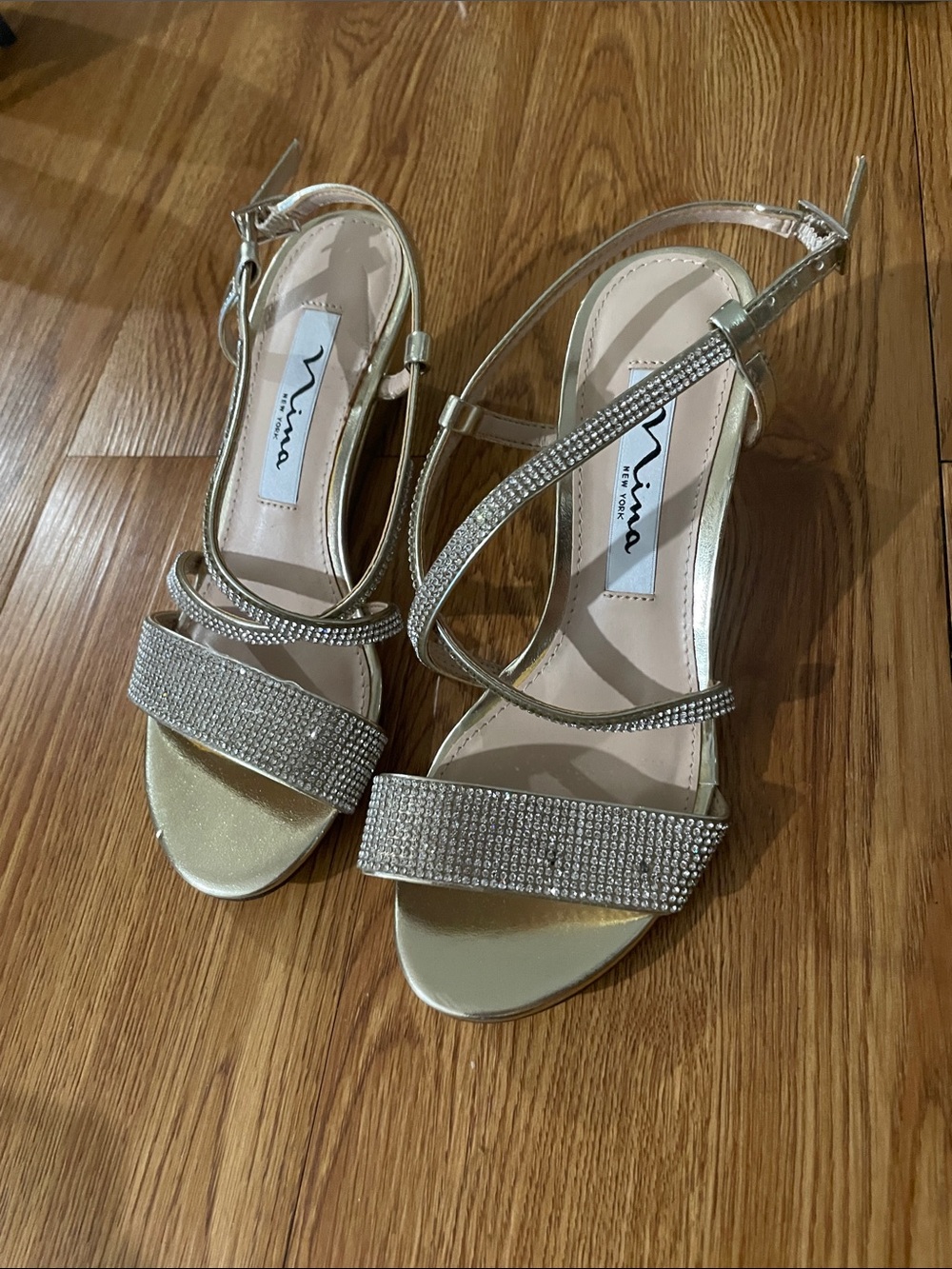 Nina Gold Crystal-Strap Evening Heels